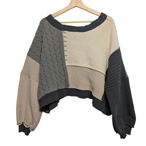 POL Size S Oversized Crop Sweater Chunky Patchwork Knit Cream Gray Neutral Cozy